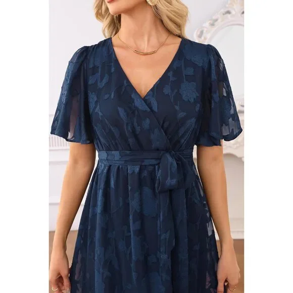 Plus Size Navy Blue V-Neck Maxi Dress for Wedding Guest Spring Summer